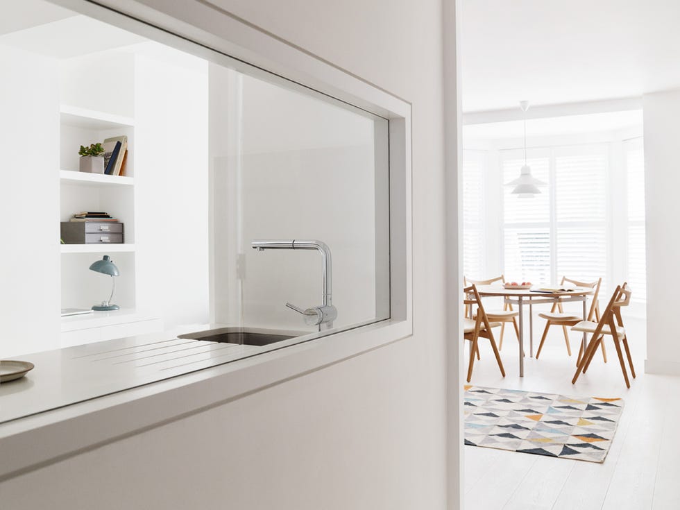 Room, Interior design, Shelf, Wall, Shelving, Glass, Fixture, Major appliance, Grey, Kitchen appliance, 