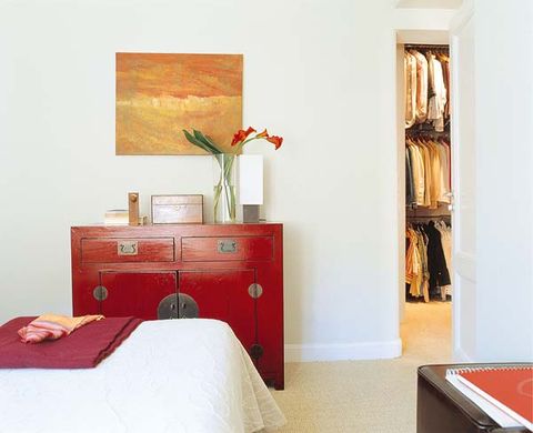 Room, Interior design, Textile, Red, Furniture, Drawer, Bed, Linens, Wall, Orange, 