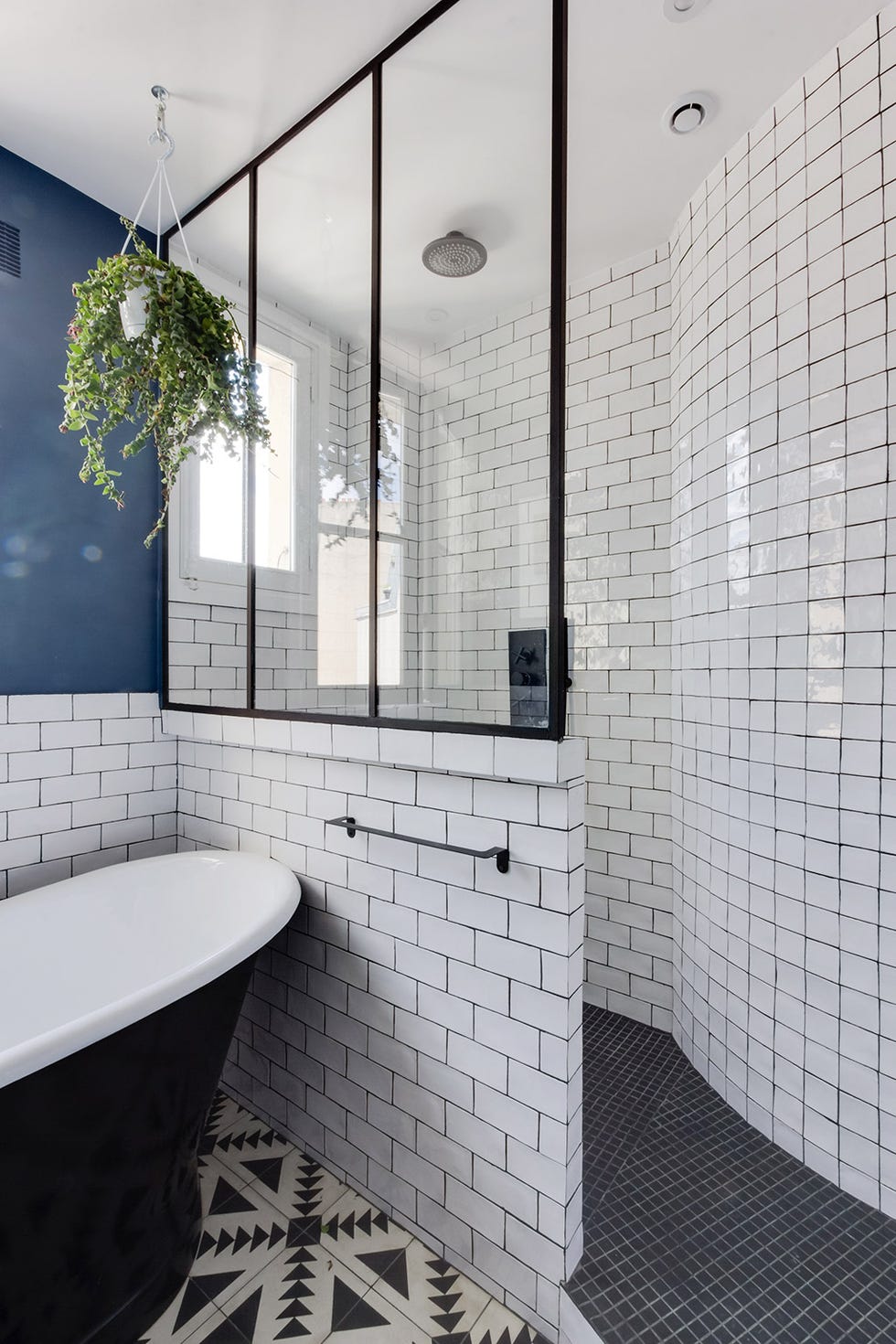 Bathroom, Tile, Room, Black, Property, Interior design, Architecture, Black-and-white, Floor, Wall, 