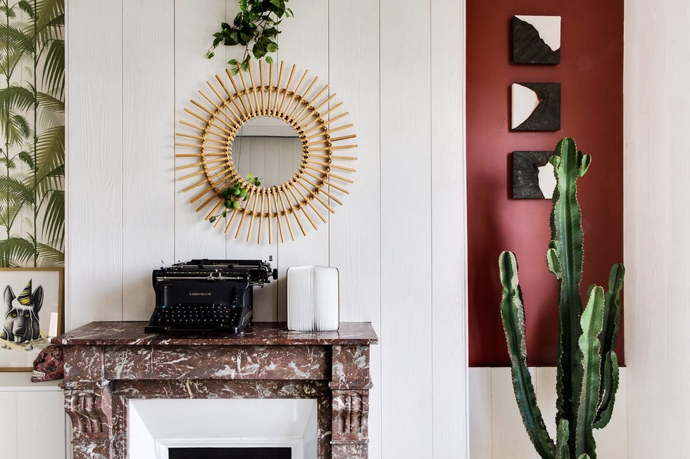 Green, Room, Wall, Furniture, Living room, Interior design, Mirror, Shelf, Table, Wallpaper, 