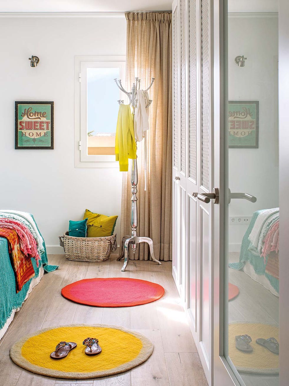 Room, Interior design, Green, Yellow, Furniture, Property, Pink, Curtain, Floor, House, 