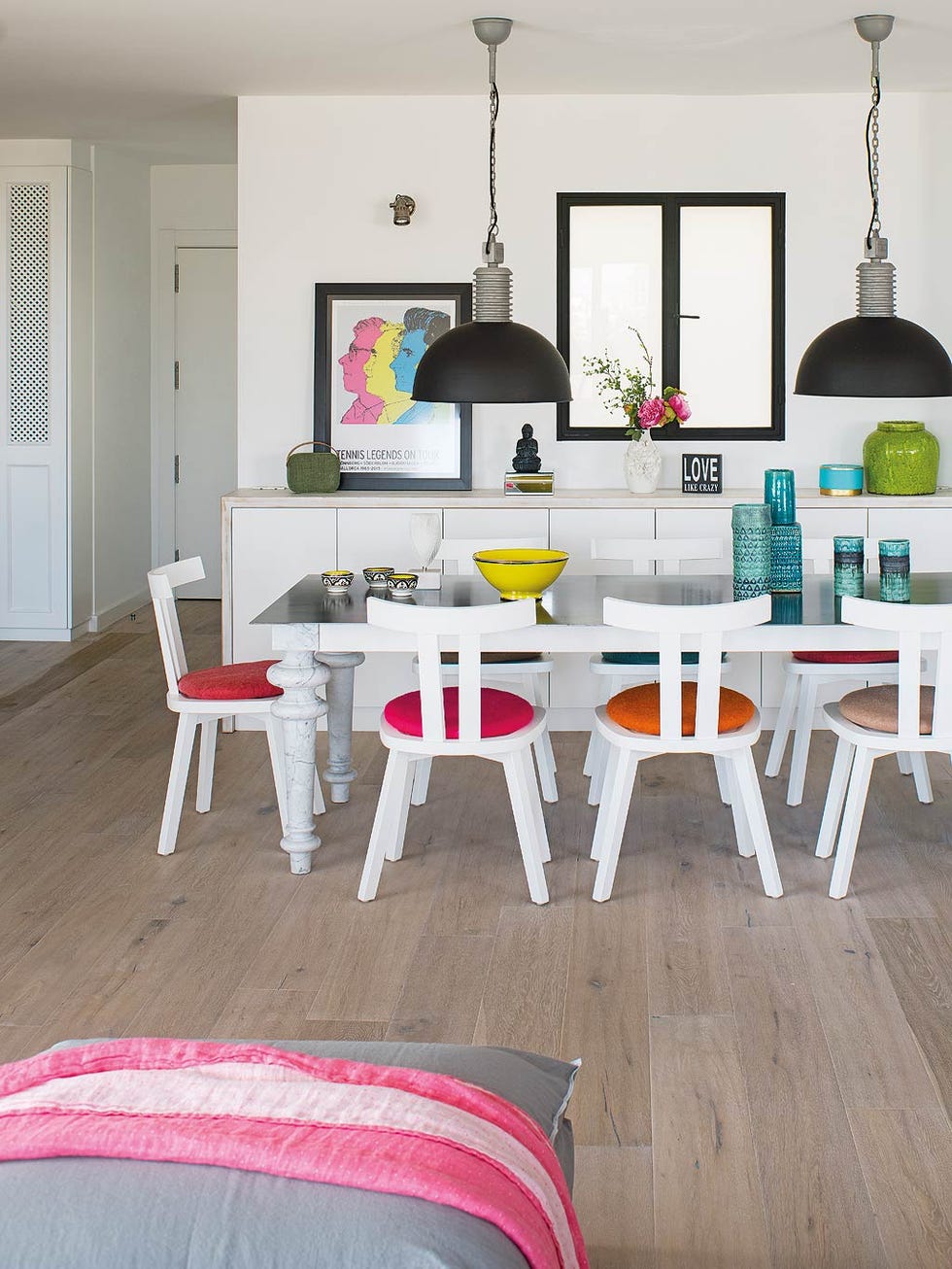 Furniture, Room, White, Table, Interior design, Dining room, Pink, Floor, Laminate flooring, Wood flooring, 