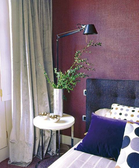 Room, Interior design, Textile, Floor, Wall, Furniture, Linens, Purple, Interior design, Bed, 