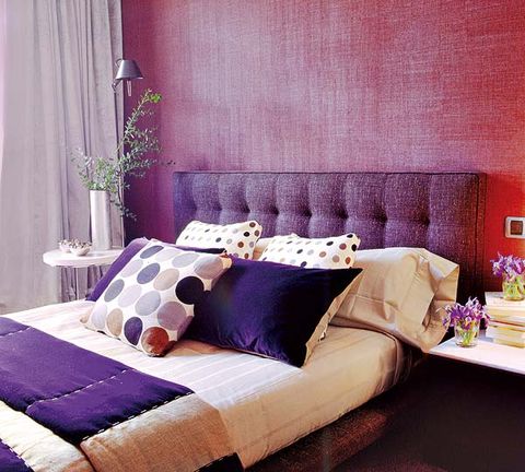 Room, Interior design, Bed, Purple, Textile, Bedding, Bedroom, Wall, Bed sheet, Linens, 