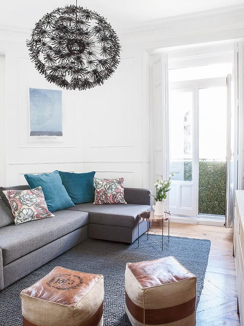 Blue, Room, Interior design, Brown, Living room, Wall, Furniture, White, Couch, Home, 