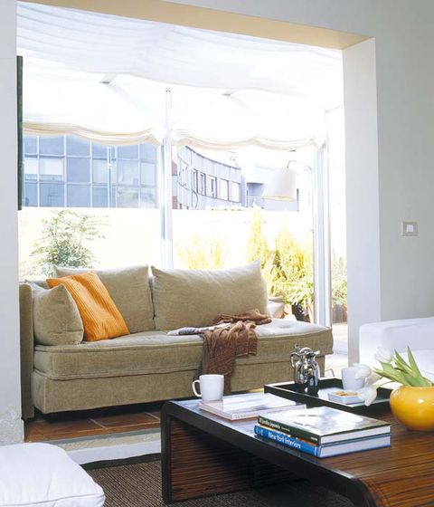 Room, Interior design, Living room, Wall, Table, Home, Couch, Furniture, Interior design, Orange, 