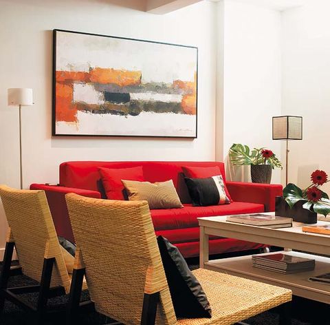 Room, Interior design, Wall, Furniture, Interior design, Picture frame, Orange, Paint, Coffee table, Flowerpot, 