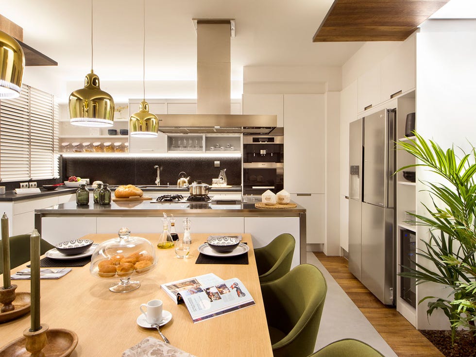 Countertop, Room, Kitchen, Interior design, Furniture, Property, Cabinetry, Building, Floor, Ceiling, 