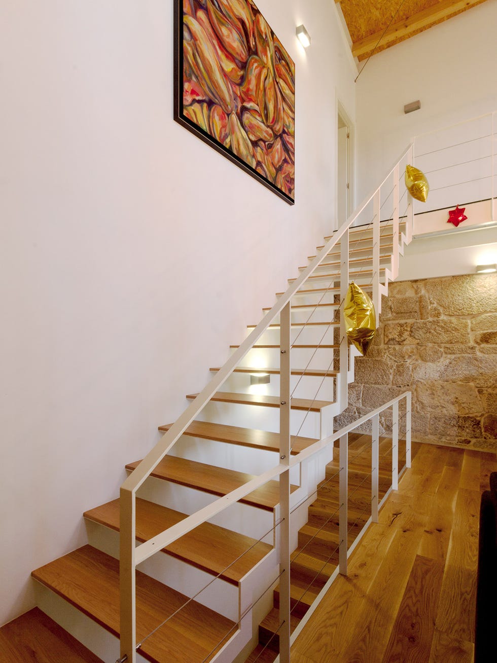 Stairs, Handrail, Property, Room, Wall, Floor, Interior design, Wood flooring, Ladder, Hardwood, 