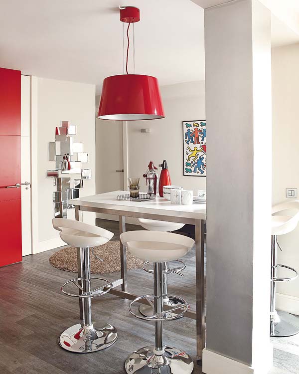 Furniture, Room, Interior design, Red, Property, Table, Bar stool, Countertop, Building, Floor, 