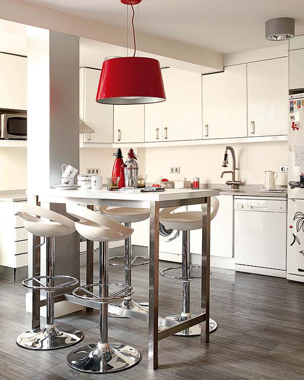 White, Furniture, Room, Countertop, Kitchen, Interior design, Red, Property, Bar stool, Floor, 
