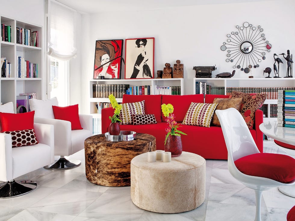 Living room, Furniture, Room, Interior design, White, Red, Table, Couch, Wall, Coffee table, 