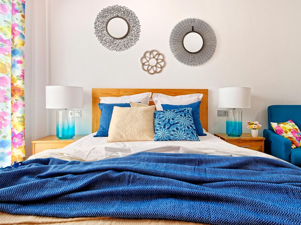 Bedroom, Bed, Furniture, Blue, Bedding, Bed sheet, Room, Pillow, Interior design, Duvet cover, 