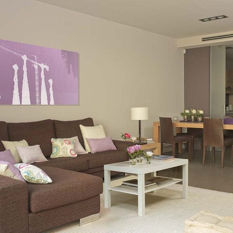 Room, Interior design, Floor, Flooring, Furniture, Table, Living room, Wall, Purple, Couch, 