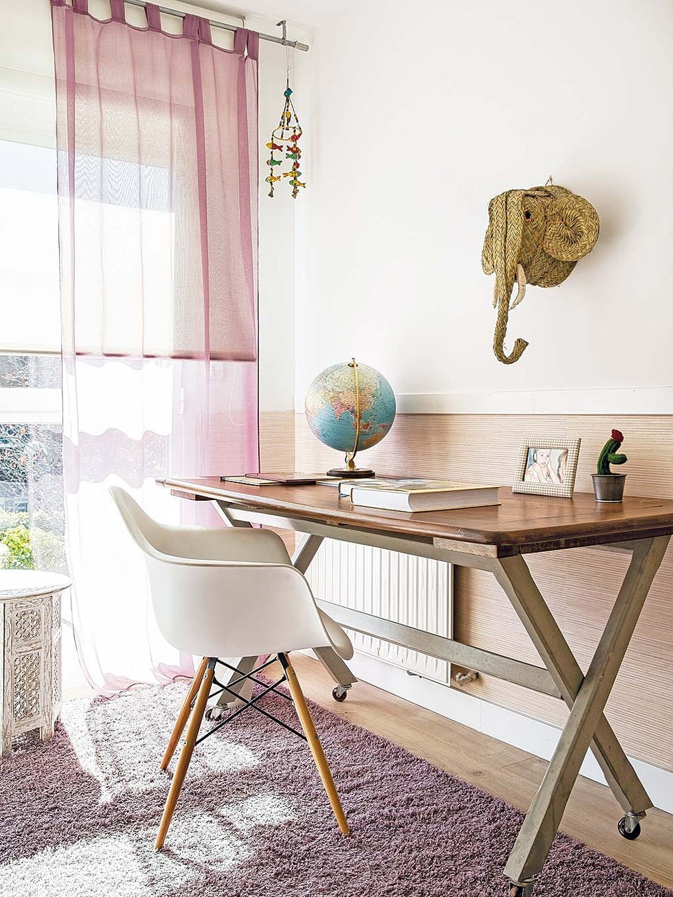 Furniture, Desk, Table, Interior design, Room, Chair, Pink, Floor, Textile, Writing desk, 