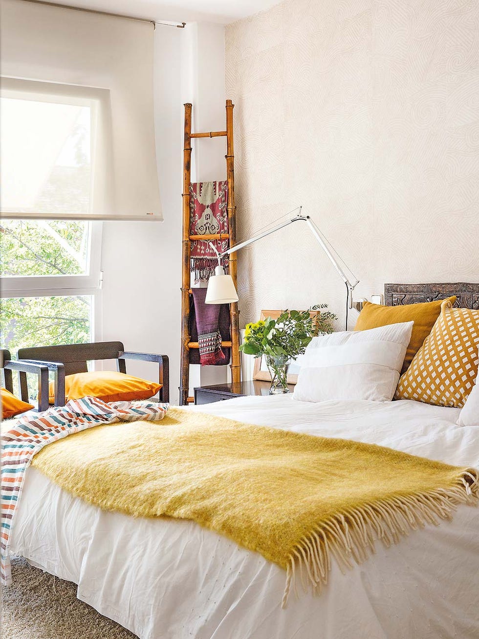 Bedroom, Bed, Furniture, Room, Bed sheet, Bedding, Bed frame, Interior design, Yellow, Property, 
