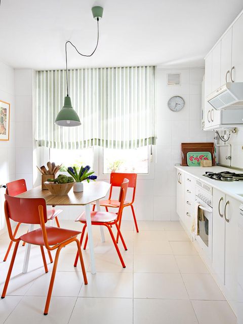 Room, Furniture, White, Kitchen, Interior design, Property, Floor, Red, Green, Cabinetry, 