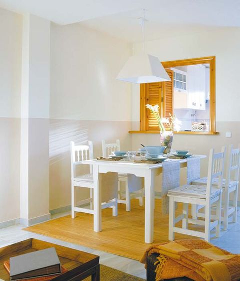 Room, Yellow, Interior design, Furniture, Table, Floor, Ceiling, Dining room, Home, Hardwood, 