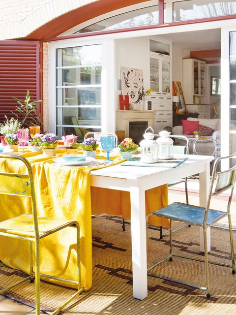 Yellow, Table, Furniture, Room, Glass, Chair, Linens, Tablecloth, Home accessories, Home, 