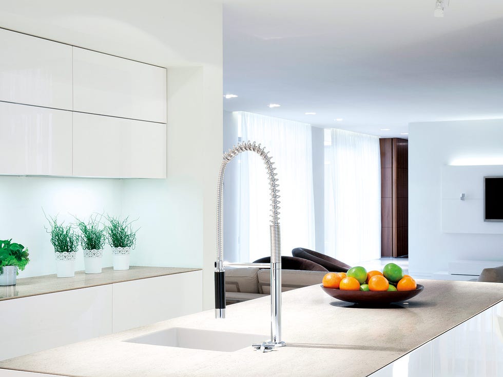 White, Room, Interior design, Property, Countertop, Floor, Tile, Furniture, Kitchen, Tap, 