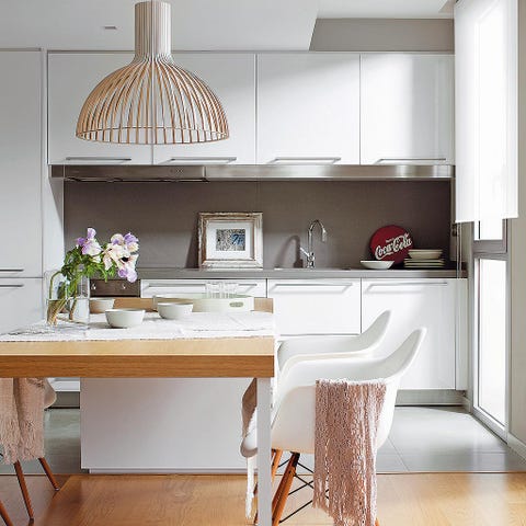 Room, Interior design, Table, Floor, Furniture, Light fixture, Interior design, Flooring, Lampshade, Grey, 