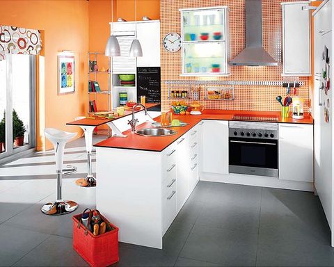 Interior design, Room, Floor, Flooring, Plumbing fixture, Red, Orange, Interior design, Light fixture, Cabinetry, 