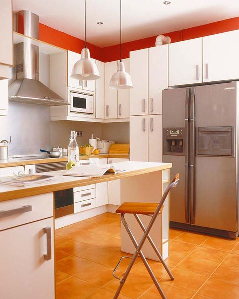 Room, Floor, Flooring, White, Kitchen, Interior design, Home appliance, Kitchen appliance, House, Light fixture, 