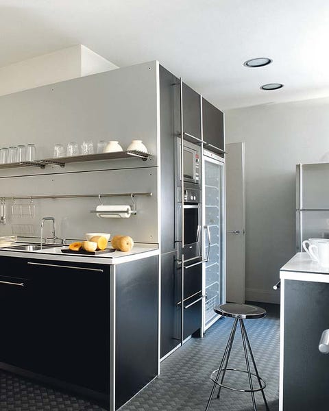 Room, Ceiling, Floor, Major appliance, Fixture, Kitchen, Kitchen appliance, Light fixture, Grey, Countertop, 