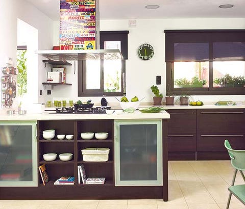 Green, Room, Interior design, Countertop, Kitchen, Floor, Cupboard, Major appliance, Ceiling, Light fixture, 