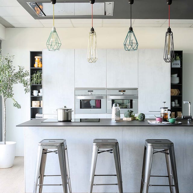 Furniture, Kitchen, Room, Countertop, Bar stool, Interior design, Lighting, Table, Stool, Ceiling, 