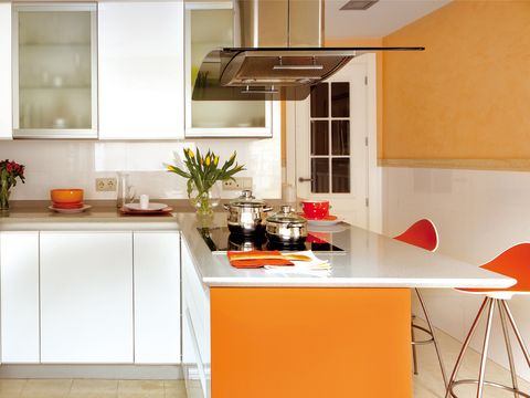 Room, Interior design, Orange, Interior design, Fixture, Plywood, Light fixture, Houseplant, Kitchen, Countertop, 