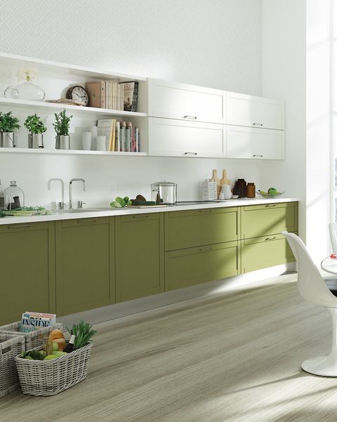 cocina con muebles en blanco y verde