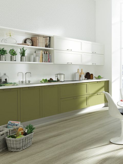 Interior design, Green, Room, Floor, Flooring, Shelf, Countertop, Shelving, Cabinetry, Grey, 