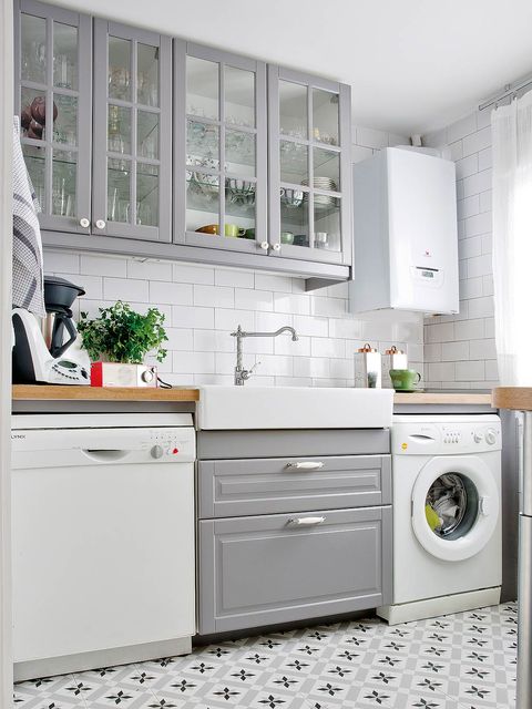 Room, Major appliance, White, Floor, Home, Interior design, Cabinetry, Washing machine, Clothes dryer, Fixture, 