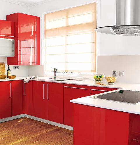 Room, Plumbing fixture, Property, Interior design, Floor, Red, Kitchen sink, Kitchen, Flooring, Interior design, 