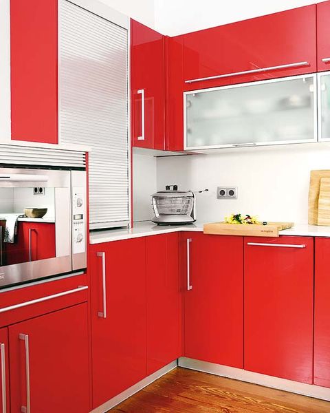 Room, Red, Floor, Interior design, Major appliance, Kitchen, Flooring, Maroon, Cabinetry, Home appliance, 
