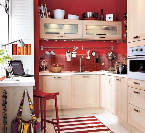 Room, Interior design, Red, White, Kitchen, Drawer, Cabinetry, Floor, Home appliance, Cupboard, 
