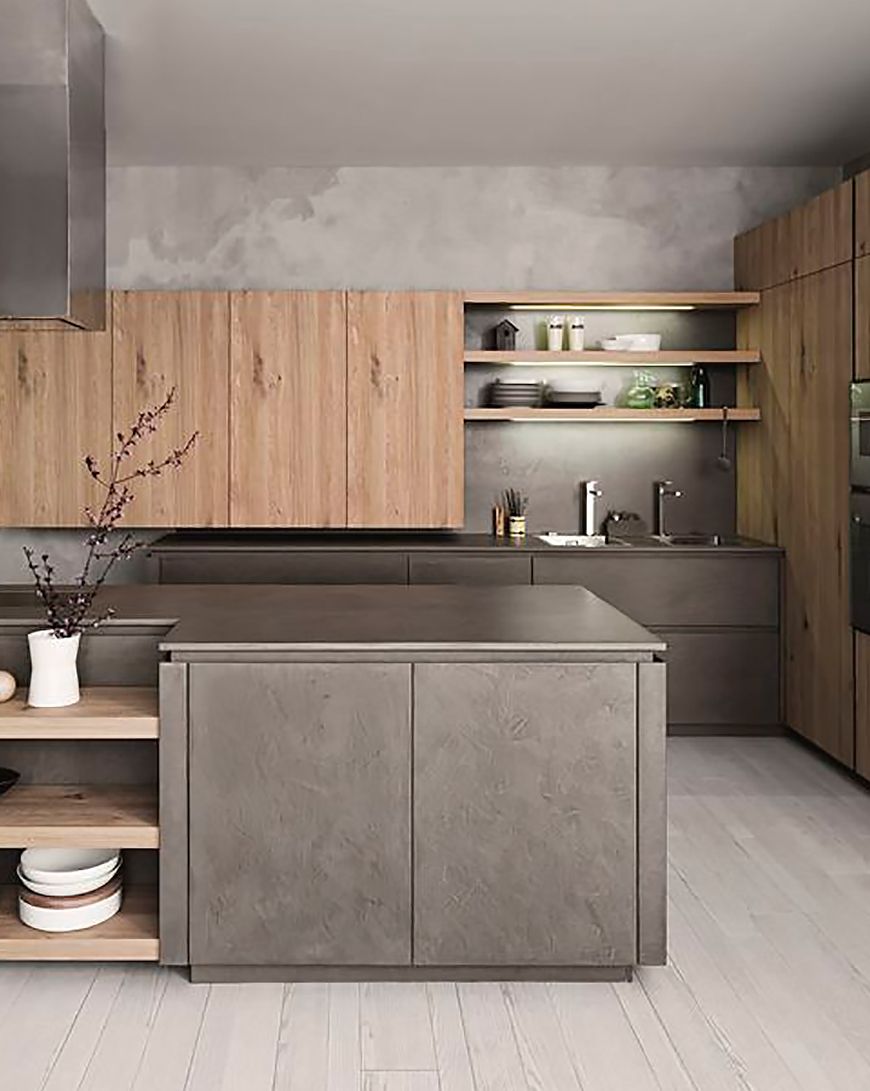 cocina moderna con muebles de madera y en gris antracita