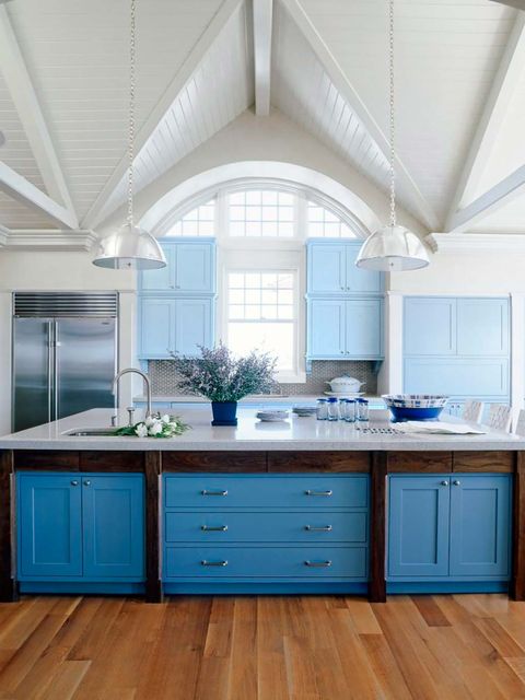 Countertop, Blue, Kitchen, Cabinetry, Room, Furniture, Property, Ceiling, Interior design, Floor, 