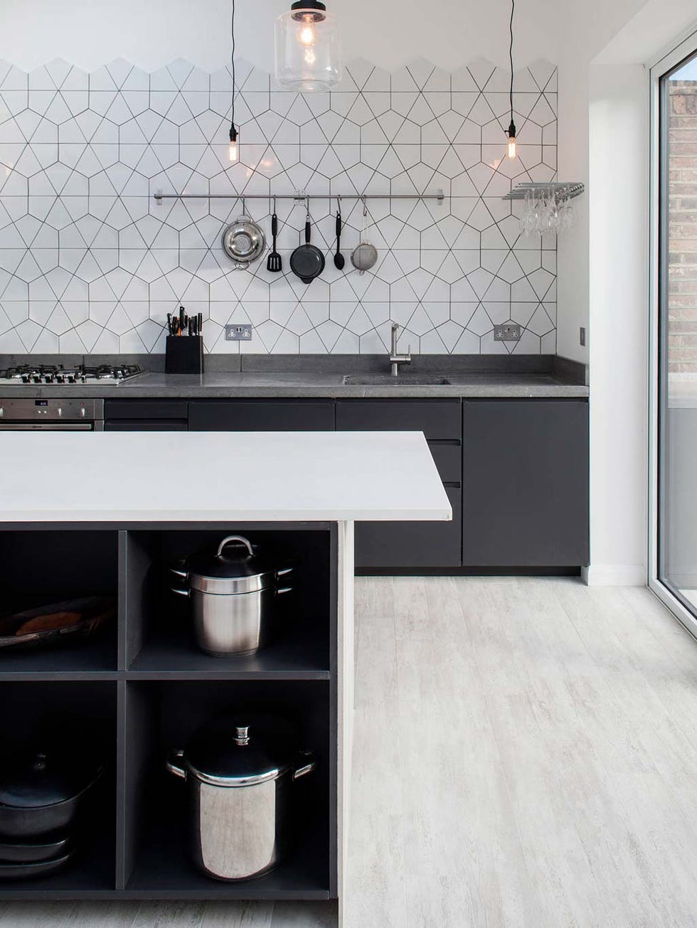 Room, Countertop, Black, Tile, Interior design, Property, Furniture, Floor, Kitchen, Cabinetry, 