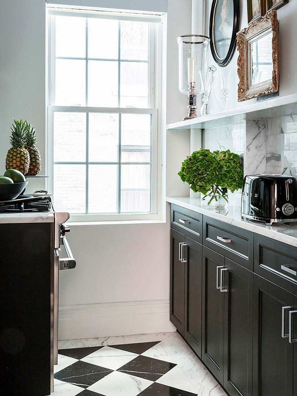 Countertop, Room, Kitchen, Cabinetry, Furniture, Tile, Floor, Property, Interior design, Major appliance, 