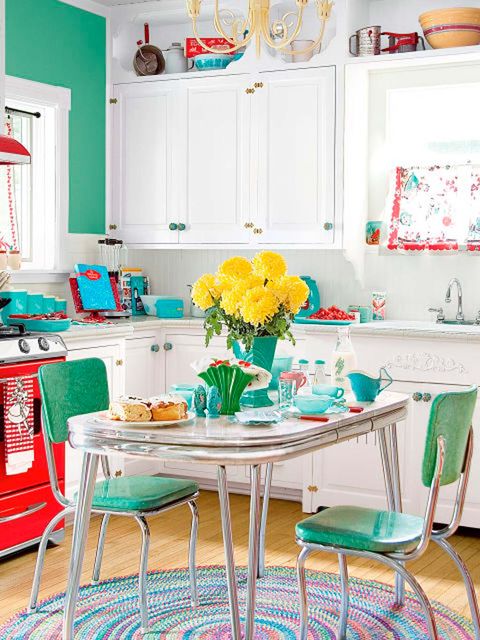 Room, Green, Interior design, Yellow, Home, Table, Furniture, Orange, Dining room, Teal, 