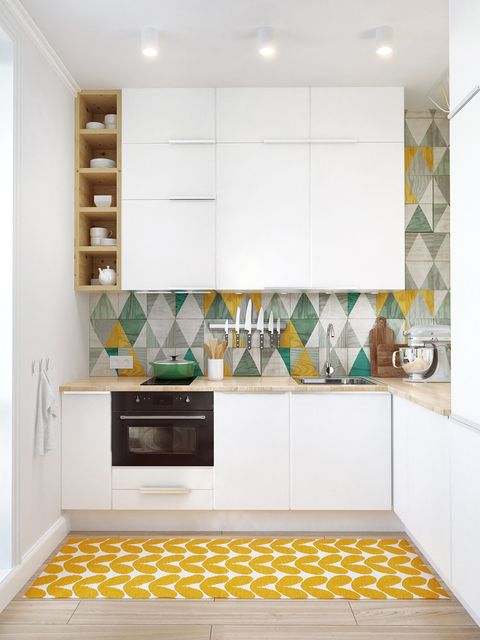 Tile, Room, Interior design, Yellow, Floor, Property, Countertop, Furniture, Kitchen, Cabinetry, 