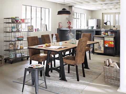 Room, Interior design, Table, Furniture, Floor, Light fixture, Shelving, Shelf, Ceiling, Lampshade, 