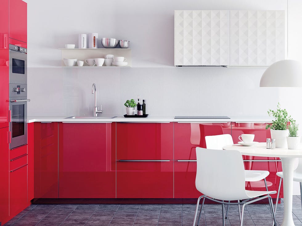 Furniture, Room, Kitchen, Cabinetry, Countertop, Red, Interior design, Property, Product, Tile, 