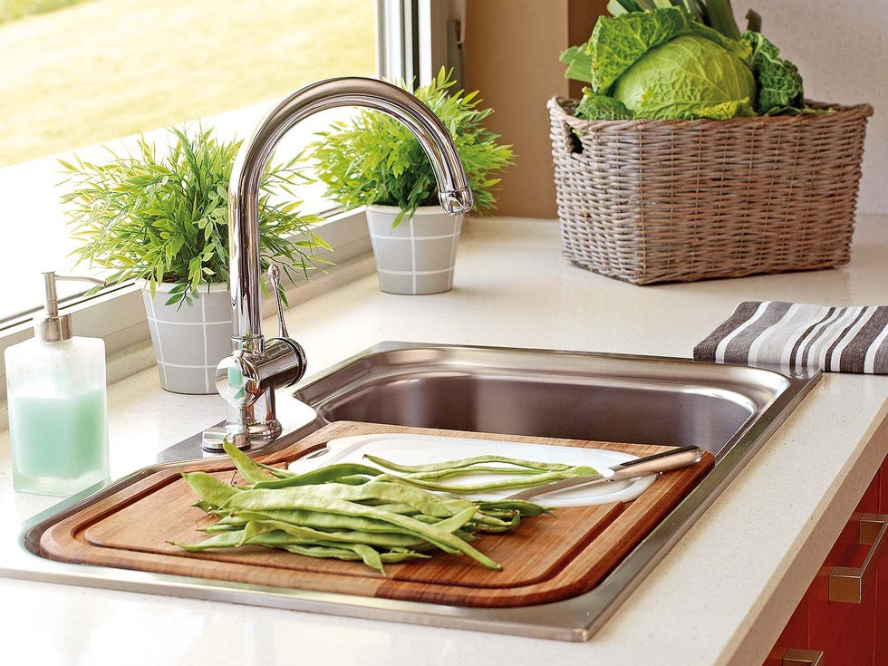 vegetable, food, countertop, room, shelf, kitchen, lettuce, leaf vegetable, cutting board, sink,
