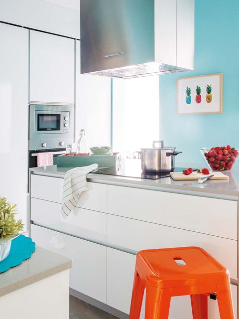 Room, Furniture, Kitchen, Turquoise, Orange, Interior design, Cabinetry, Property, Countertop, Kitchen stove, 