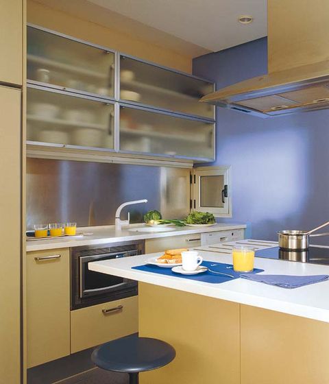 Yellow, Room, Kitchen, Interior design, House, Kitchen appliance, Sink, Major appliance, Plumbing fixture, Kitchen sink, 