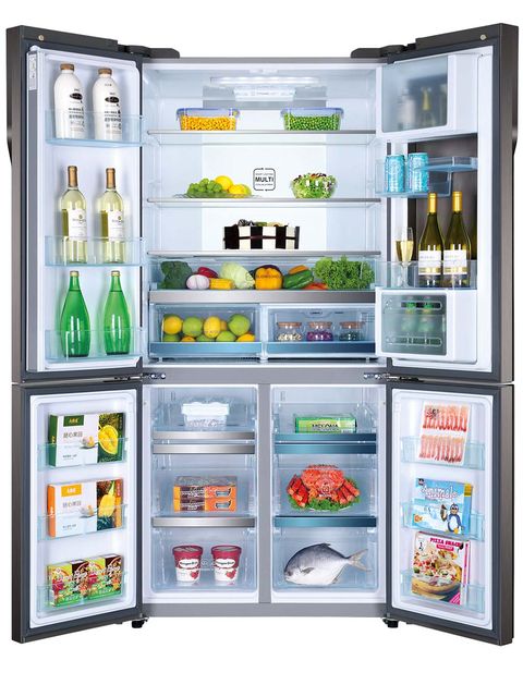 Major appliance, Freezer, Kitchen appliance, Home appliance, Bottle, Drink, Refrigerator, Liquid, Food group, Shelving, 