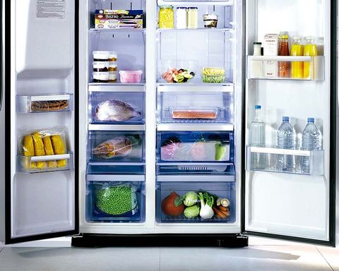 Major appliance, Food, Freezer, Refrigerator, Kitchen appliance, Home appliance, Bottle, Food group, Drink, Produce, 